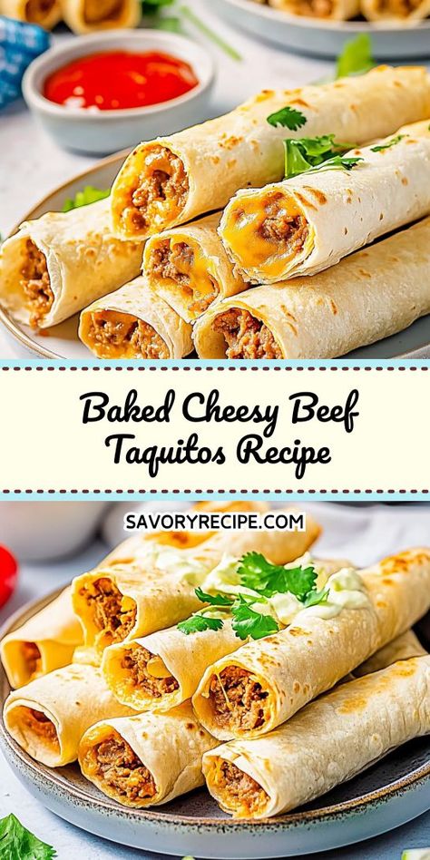 Craving a delicious snack that’s easy to make? This Baked Cheesy Beef Taquitos Recipe will satisfy your hunger with cheesy, savory goodness wrapped in crispy tortillas. Perfect for game day or family nights! Save this recipe for your next meal prep and enjoy flavorful ground beef recipes anytime. Dinner Recipes Taquitos, Mexican Tortilla Wraps, Beef Toqitoes, Tortilla Roll Ups Recipe, Baked Mini Tacos Ground Beef, Ground Beef Snacks Appetizers, Recipes With Tortillas Easy, Homemade Taquitos Beef Air Fryer, Ground Beef Taquitos Baked