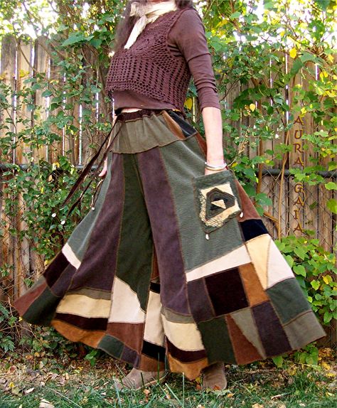 AuraGaia ~Geometry V ~ Poorgirls Velvet Upcycled Corduroy Skort Pants; fit M-1X; drawstring waist; 2 patchy pockets w raw edged appliques; cowrie shells strewn here and there. earthtones in browns, greens, tans Romanian Clothing, Pixie Skirt, Preteen Fashion, Repurposed Clothing, Outfit Layout, Cowrie Shells, Altered Couture, Pants Fit, Corduroy Skirt