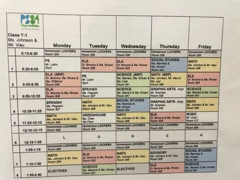 Color Coded, school-wide schedule for Middle Schoolers- Ps 084 School Aesthetic Schedule, Korean High School Schedule, High School Class Schedule, Highschool Class Schedule, Private School Schedule, High School Timetable, School Scedual Aesthetic, School Scedual, Class Schedule Aesthetic