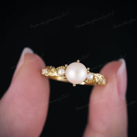 Vintage Akoya Pearl Engagement Ring Nature Inspired Leaf Vines - Etsy Peal And Diamond Ring, Pearl Gold Wedding Ring, Pearl Rings Vintage Antique, Pearl Accent Engagement Ring, Pearl Ruby Ring, Wedding Ring Cottagecore, Gold Pearl Wedding Rings, Vintage Engagement Rings Pearl, Pearl Rings In Gold