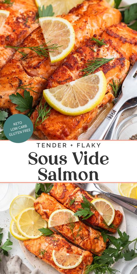 Delicate, flaky salmon fillets are easier than ever with this sous vide salmon recipe. The salmon is seasoned perfectly, then slow cooked to perfection thanks to the sous vide. It's a foolproof method that'll give you impossibly incredible salmon every single time. Sous Vide Salmon Recipes, Sous Vide Salmon, Cooking Salmon Fillet, Fillet Recipes, Perfect Salmon, Salmon Fillet Recipes, Salmon Fillet, Sous Vide Recipes, Salmon Seasoning