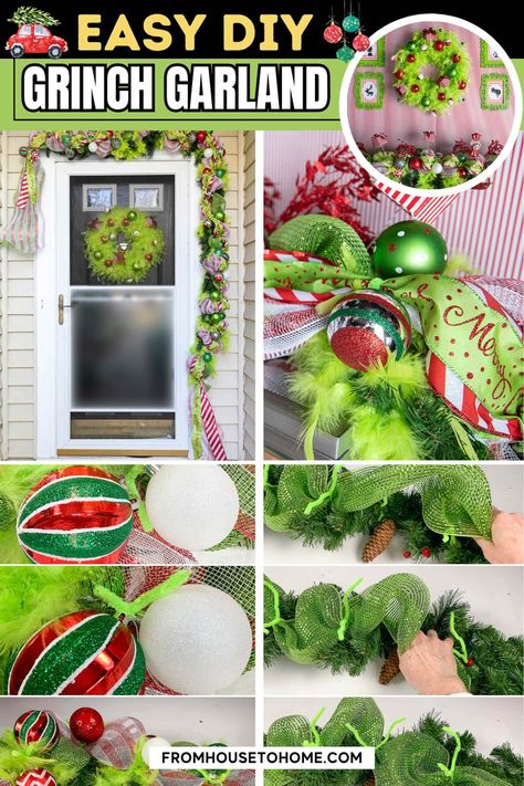 Easy DIY Grinch garland Diy Whoville, Grinch Garland, Christmas Pictures With Lights, Christmas Lights Diy, Christmas Holidays Decorations, Garland Christmas Decor, Diy Grinch, Xmas Decor Ideas, Christmas Home Decorating