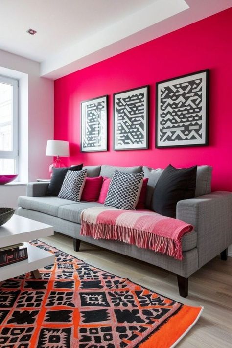 Pink Room Decor Ideas, Pink Accent Wall, Blue And Pink Living Room, Eclectic Accessories, Pink Home Office, Pink Dining Rooms, Pink Accent Walls, Hot Pink Walls, Loft Designs