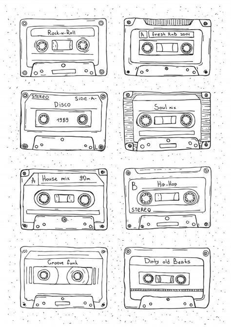 Casette Tape Tattoo Simple, How To Draw Cassette Tapes, Cassette Tape Doodle, Caset Tape Drawing, Music Tape Drawing, Cassette Tapes Tattoo, Music Tape Tattoo, Casette Tape Drawing, Cassette Drawing