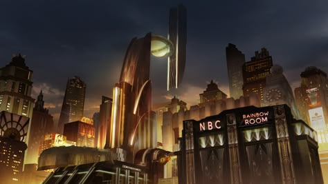 Dieselpunk Art, Airship Art, Art Deco City, Bioshock Art, Futurism Art, City Layout, Art Deco Buildings, Cosmic Horror, Futuristic Art