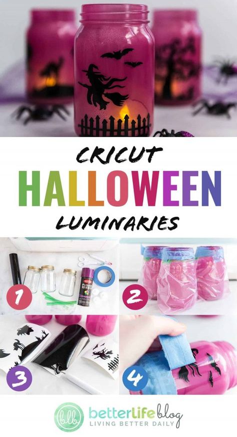 Cricut Luminaries, Halloween Luminaries, Mason Jar Luminaries, Halloween Jars, Halloween Mason Jars, Halloween Lanterns, Cricut Halloween, Diy Cricut, Cricut Tutorials