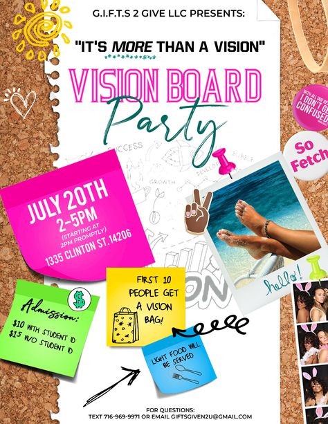 Vision Board Party Vision Board Event Planning, Vision Board Party Flyer, Vision Board Flyer, Vision Board Party Invitations, Church Marketing Ideas, Luncheon Ideas, Church Marketing, Board Party, Vision Board Party