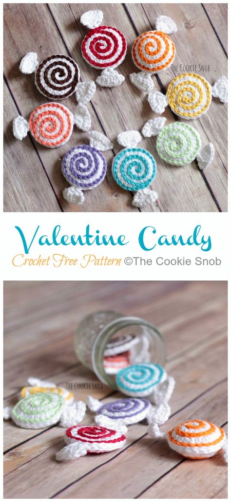 Free Crochet Candy Patterns, Crochet Candies Free Pattern, Crochet Candy Heart, Crochet Candy Applique, Crochet Candy Ornaments Free Pattern, Crochet Candy Ornaments, Candy Crochet Pattern, Cute Food Crochet, Crochet Candy Pattern Free