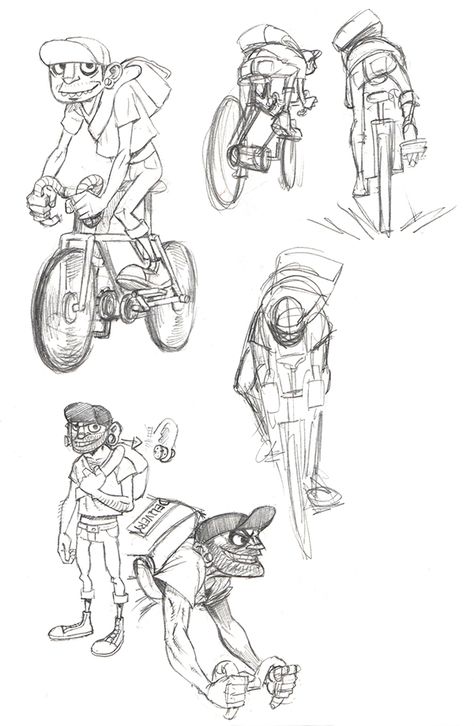 Character designs for "Vicious Circle". Circle Character, Bicycle Sketch, Cycle Drawing, Bike Drawing, Bike Illustration, Graffiti Doodles, Sketches Of People, Character Inspiration Male, Caricature Artist