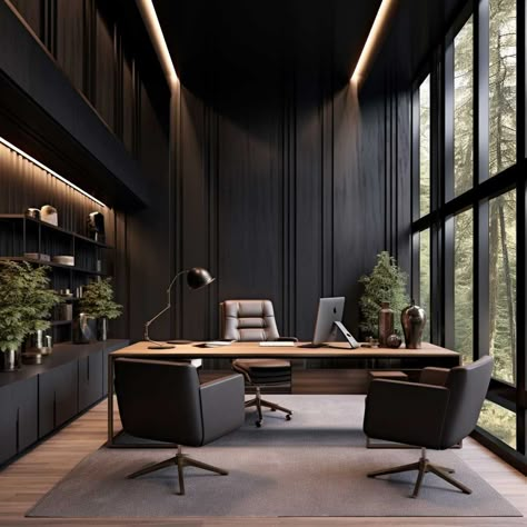 Modern Moody Office, Construction Office Interior Design, Black Wall Paneling, Modern Black Office, Modern Exterior House Colors, Business Office Interior Design, Ceo Office Design, Wall Paneling Ideas, Rustic Design Style