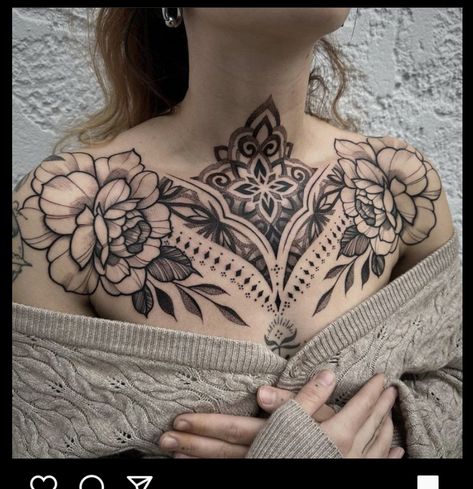 Mandala Chest Tattoo, Ornaments Tattoo, Chest Neck Tattoo, Tattoo Mistakes, Full Chest Tattoos, Sternum Tattoos, Chest Tattoo Ideas, Throat Tattoo, Chest Ideas