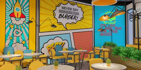 Yellow Burger & Fries - Oman 2nd Restaurant på Behance Burger Mural Wall Art, 2d Restaurant Design, Pop Art Restaurant, Burger Restaurant Design, Yellow Restaurant, Orange Restaurant, Snack House, Small Restaurant Design, Outdoor Restaurant Design