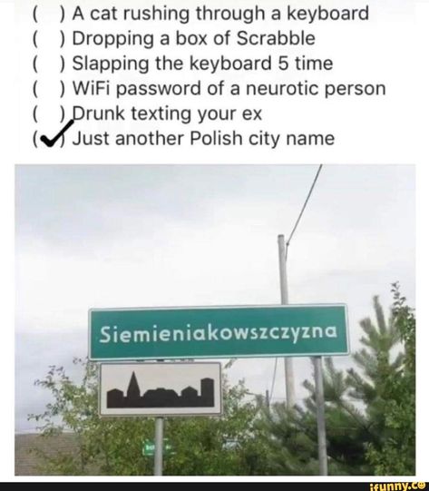 ) A cat rushing through a keyboard ) Dropping a box of Scrabble ) Slapping the keyboard 5 time ) WiFi password of a neurotic person ( ) runk texting your ex ( Just another Polish city name AAAA – popular memes on the site iFunny.co #architecture #artcreative #cat #rushing #dropping #box #scrabble #slapping #time #wifi #password #neurotic #person #texting #ex #just #polish #city #name #aaaa #pic Architecture Memes, Polish Memes, Drunk Texts, Get Her Back, A Keyboard, Wifi Password, Want You Back, Getting Him Back, Celebrities Humor