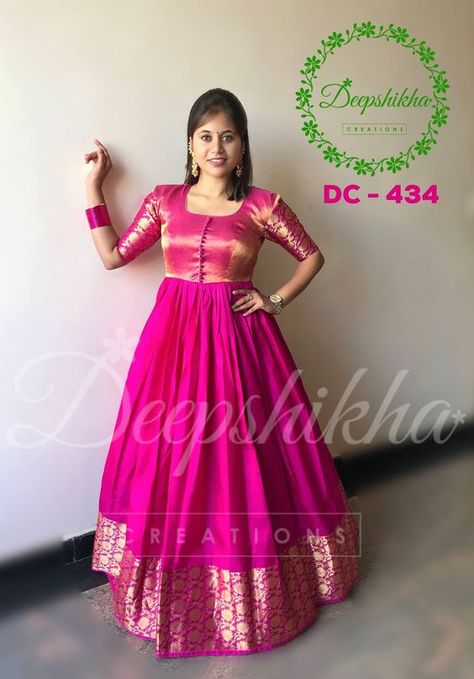 Convert your old saree into a beautiful gown styles - Simple Craft Ideas Sari Lehenga, Frocks And Gowns, Designer Anarkali Dresses, Traditional Gowns, Long Gown Design, Frock For Women, Sari Dress, Saree Gown, Girls Frock Design