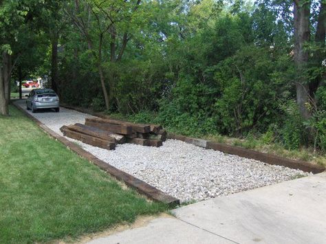 Railroad ties for driveway. Gravel Patio Edging Ideas, Easy Driveway Ideas, Driveway Edges And Borders, Gravel Driveway Edging Cheap, Driveway Edging Ideas Cheap, Railroad Tie Driveway Edging, Rock Driveway Ideas, Cheap Driveway Ideas Diy, Diy Driveway Ideas Cheap