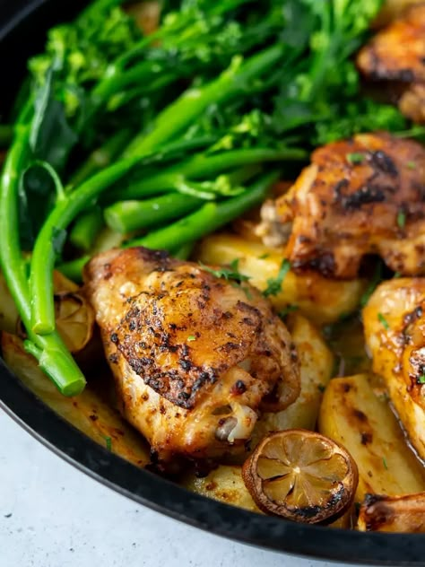 One Pan Lemon Garlic Chicken and Potato Recipe | Simple Home Edit Garlic Chicken And Potatoes, Baked Lemon Garlic Chicken, Slow Cooker Breakfast, All Ideas, Chicken And Potatoes, Lemon Garlic Chicken, Home Edit, Family Friendly Dinners, Creamy Tomato Sauce