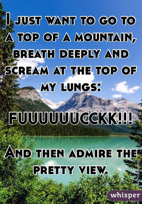 "I just want to go to a top of a mountain, breath deeply and scream at the top of my lungs: FUUUUUUCCKK!!!And then admire the pretty view." Want To Scream Quotes, I Just Want To Scream, Scream Quotes, I Want To Scream, Pretty View, Top Of A Mountain, Just Smile, Lungs, Meaningful Words