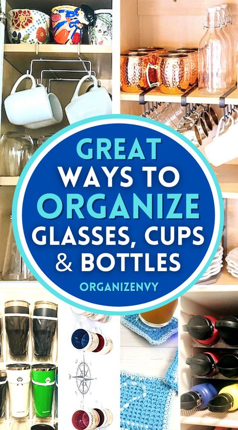 Kitchen organization: storage for glasses, cups and bottles How To Store Cups In Cabinets, How To Store Glassware, How To Organize Glasses In Cabinet, Organize Glasses And Cups, Organize Mugs In Cabinet, Insulated Cup Storage Ideas, Kitchen Cups Organization, How To Organize Cups In Cabinet, Organizing Cups In Cabinet