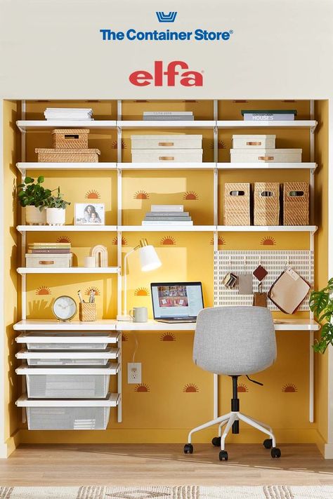 Create a sense of calm in your home office or craft space with Elfa! With multiple finishes and storage options to choose from--including solid or wire ventilated shelves, drawers, pegboards, and hooks--it's as beautiful as it is versatile. Contact us today for a free custom design! (Shown: Elfa Décor in White) Elfa Desk, Elfa Office, Custom Closet Shelving, Elfa Shelving, Storage Solutions Closet, Tiny House Stairs, Office Shelving, Closet Renovation, Minimalist House