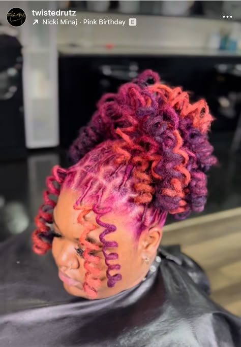 Two Ponytails Loc Styles, Colored Locs Ideas, Woman Loc Styles, Fall Color Locs Black Women, Orange And Pink Locs, Loc Colors Black Women, Loc Hair Color Ideas, Color Locs Black Women, Pink And Red Locs Black Women