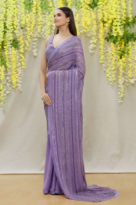 Linear Embroidery, Saree Georgette, Simple Saree Designs, Purple Saree, Potli Bag, Fancy Sarees Party Wear, Simple Sarees, Saree Designs Party Wear, Embroidered Saree