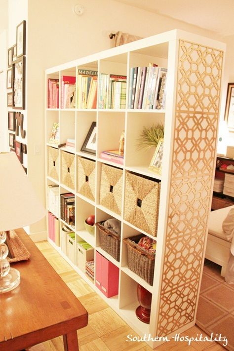 Metal radiator grids on the end of the book shelf...what a great way to add a little style! Barndo House, Cottage Basement, Ikea Expedit Bookcase, Ikea Room Divider, Barbershop Ideas, Wall Dividers, Apartemen Studio, Room Partitions, Room Partition Wall