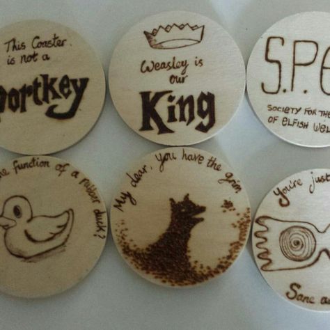 Pyrography Harry Potter inspired coasters, with book extracts on reverse referring to front image Harry Potter Coasters Diy, Wooden Harry Potter Crafts, Harry Potter Wood Signs, Harry Potter Pyrography, Harry Potter Coasters, Wood Slice Ornament Harry Potter, Book Extracts, Woodburning Ideas, Coasters Diy