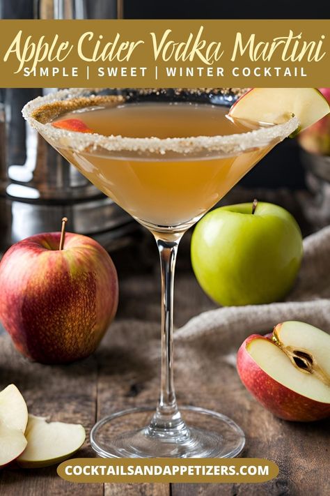 This Apple Martini uses vodka, apple cider and cinnamon to make the best fall cocktail for your party or happy hour! It's an autumn twist on a classic martini drink. Make by the glass or a pitcher for large batch martinis, this spiced martini can be garnished with cranberry or an apple slice! Great Christmas cocktail or New Year's alcoholic drinks. Apple Cinnamon Martini, Low Calorie Fall Drinks Alcohol, Apple Cider Martini Vodka, Fall Apple Martini, Apple Cider Martinis, Easy Fall Martini Recipes, Martini Recipes Fall, Fall Martini Cocktails, Batch Martini Recipes