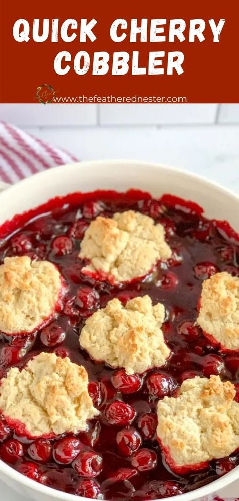 This cherry pie cobbler is the perfect dessert for any weeknight. The cherry pie filling is the perfect sweet and gooey textures then topped with a fluffy biscuit topping made with Bisquick. Bisquick Cherry Cobbler, Cobbler With Bisquick, Easy Cherry Cobbler, Cake Mix Cobbler, Cherry Pie Filling Recipes, Berry Cobbler Recipes, Cherry Cobbler Recipe, Homemade Cherry Pies, Simple Easy Recipes