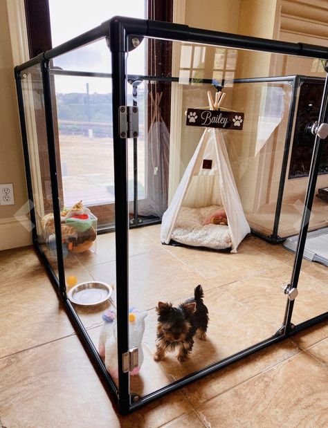 Dog Play Pin Indoor, Cute Dog Room Ideas Spaces, Cute Puppy Set Ups, Aesthetic Puppy Set Up, Puppy Play Pen Setup, Small Dog Play Area Indoor, Puppy Enclosure Indoor, Dog Play Pen Ideas, Big Dog Small Apartment