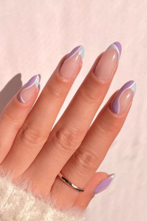 purple nails. blue nails. french tip nails. aesthetic nails. nails aesthetic. aesthetic nail ideas. aesthetic nail designs. cute aesthetic nails. aesthetic nail art. nail art aesthetic Blue And Purple French Tip Nails, French Tip Nails Aesthetic, Blue Nails French Tip, Aesthetic Nail Art Designs, Wave Nail Design, Aesthetic Nail Art, Blue Prom Nails, Swirl Nail Art, Prom Nails Silver