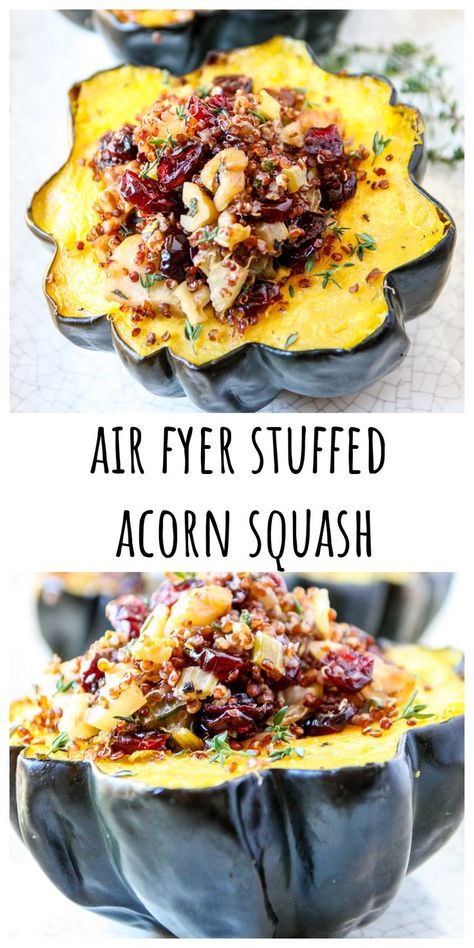 Air Fryer Stuffed Acorn Squash on a white plate. Vegan Acorn Squash Recipes, Roasting Squash, Air Fryer Acorn Squash, Acorn Squash Baked, Acorn Squash Stuffed, Stuffed Squash, Stuffed Acorn Squash, Acorn Squash Recipes, Air Fried Food