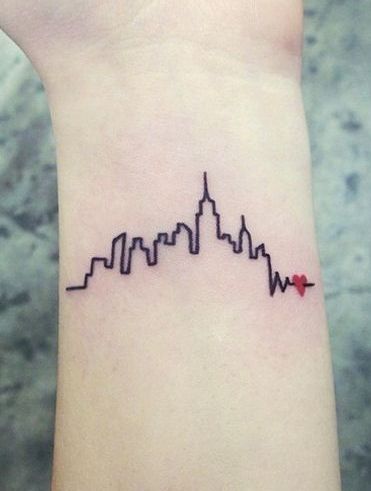 15 NYC-inspired tattoos for first-timers and seasoned tattoo fans alike Ornate Tattoo, Skyline Tattoo, Heartbeat Tattoo, Tiny Wrist Tattoos, New York Tattoo, Nyc Tattoo, Tato Henna, City Tattoo, Wrist Tattoo