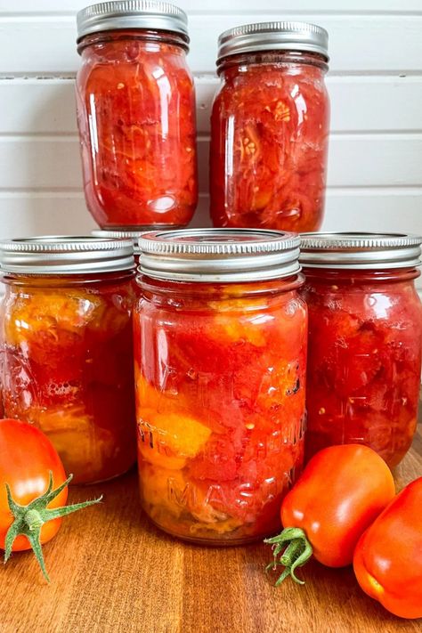 Discover the simple joy of preserving your own fire roasted, diced tomatoes using this easy water bath canning method. Experience the rich, summer tomato flavor year around in all your favorite recipes. Perfect for beginners, you'll be amazed at the freshness and taste of homemade canned tomatoes. Homemade Canned Tomatoes, Canning Plums, Oregon Cottage, Rich Summer, Pressure Canning Recipes, Canned Tomatoes, Canning Diced Tomatoes, Water Bath Canning, Bath Recipes