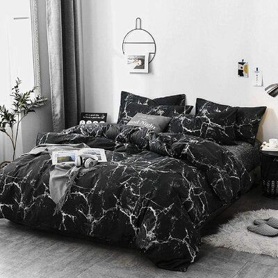 This black marble DUVET COVER is made from 100% cotton material, very soft, comfortable, lightweight, breathable and durable, provides the extreme comfort you've been looking for. Size: Queen Duvet Cover + 2 Pillowcases | Orren Ellis Marble Duvet Cover Queen Marble Bedding Full Size Bedding Duvet Covers Queen Cotton Men Women Teen Boys Modern in Black | Wayfair Black Marble Bedding, Black And Grey Bedding, Marble Bed, Apartment Upgrades, Marble Bedding, Marble Comforter, Sweet Bedroom, Grey And White Bedding, Marble Duvet Cover