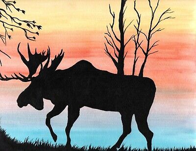 ad eBay - This one-of-a-kind painting features a stunning moose silhouette in a natural setting. Created by artist John Schunn using watercolor techniques on paper, this piece is signed and dated. It measures 9 inches by 12 inches and is unframed, making it easy to display in your own unique way. The colors are vibrant and the subject matter is timeless, making it a great addition to any collection or as a standalone piece. Moose Silhouette, Animal Sketches, Watercolor Techniques, Pictures To Paint, Yard Decor, Moose, Original Watercolor Painting, Collectable Items, Original Watercolors