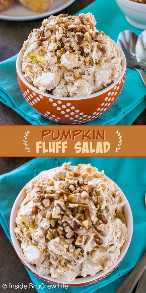 Pumpkin Fluff Salad - a fluffy pumpkin pudding with donut holes, pecans, and toffee bits stirred into it makes a great side dish or dessert. Easy fluff salad recipe to make for holiday dinners. Fluff Recipes, Dessert Salad Recipes, Cookie Salad, Fluff Salad Recipes, Thanksgiving Fruit, Pumpkin Fluff, Fluff Salad, Jello Dessert Recipes, Pumpkin Salad