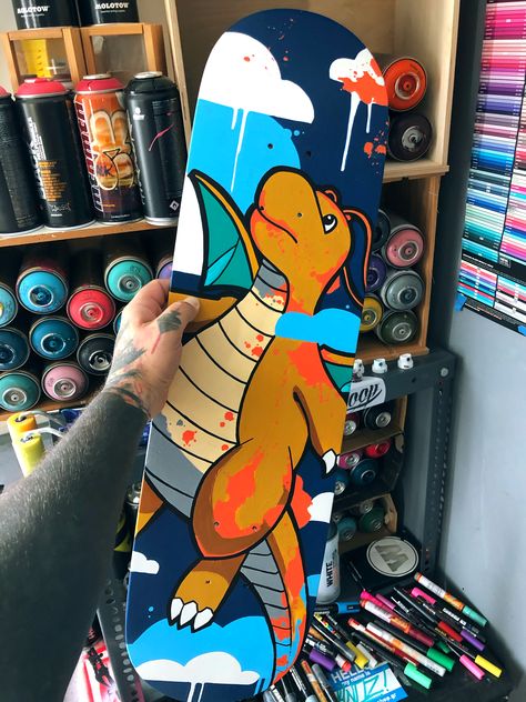 Pokemon Skateboard Deck, Graffiti Art Skateboard, Pokemon Graffiti Art, Pokemon Skateboard, Music Exhibition, Skateboard Tattoo, Painted Skateboard, Marvel Paintings, Pokemon Painting