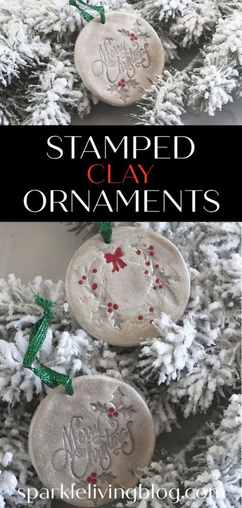 Use clay and rubber stamps to create these beautiful stamped clay Christmas ornaments with this easy tutorial! #sparklelivingblog #christmasornaments #christmascrafts #clay Stamped Clay, Clay Christmas Ornaments, Christmas Stamps Rubber, Candy Cane Crafts, Clay Stamps, Handmade Holiday Gifts, Clay Christmas, Ornament Exchange, Holiday Stamping