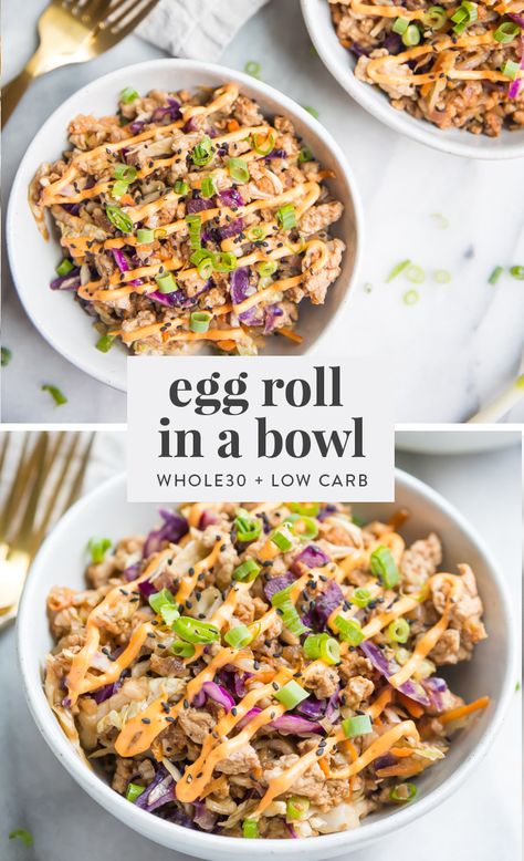 This Whole30 egg roll in a bowl with creamy chili sauce is a wonderfully flavorful, quick Whole 30 recipe. This low carb and paleo "crack slaw," as it's affectionately called, is an addictive Asian dinner recipe the whole family will love. #asian #whole30 #dinner #recipe #healthy #cleaneating #realfood #lowcarb #keto #easy Whole 30 Recipe, Creamy Chili, Telur Gulung, Asian Dinner, Whole30 Dinner, Egg Roll In A Bowl, Asian Dinner Recipes, Keto Easy, Asian Dinners