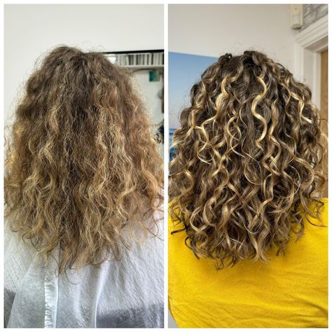 Spot the difference? 📍 @blewbellecurlstudio ✂️ @cornwallcurlspecialist #blewbelle #cornwallcurlspecialist™️ Image - 2 images side by side. Before and after curly cut at BlewBelle curl studio Truro by stylist Sarah White, Cornwall Curl Specialist ™️Before image is a looser, fluffier hair style. After image are defined, hydrated, bouncy curls and waves. Curl Specialist, Curl Cut, Curly Cut, Sarah White, Frizzy Curly Hair, Spot The Difference, Truro, Bouncy Curls, Fluffy Hair