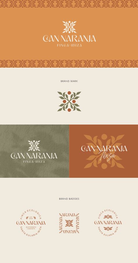 Spanish-influenced branding for an ecological finca home in Ibiza. Boho branding, earthy branding, spanish branding, Ibiza branding, brand inspo, logo inspo, boho aesthetic, earthy vibes, spanish vibes, brand design #yourvibesonly Can Naranja - A home that encourages not only our creativity, but that of our guests. To try to new things and to learn about old Ibiza culture. A special place to soak up the magnetic energy and light of Ibiza and to saviour the magical time of sunrise and sunset. Magical Branding Design, Logo Design Board, Latin Logo Design, Spanish Design Graphic, Spanish Logo Design, Modern Boho Branding, Mediterranean Graphic Design, Spanish Graphic Design, Spanish Branding