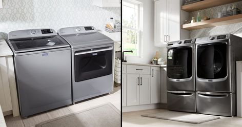 Compare features on top vs. front load washers from Maytag to determine the best choice to power through your family’s stains. Maytag Washer And Dryer, Front Load Washer, French Door Refrigerator, Washer And Dryer, Laundry Room, Washer, Kitchen Appliances