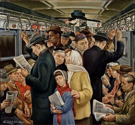 Subway by Daniel Ralph Celentano (American), oil on canvas, genre: Modernism, ca. 1935 #Subway #DanielRalphCelentano Thomas Hart Benton, American Painters, Alex Colville, Subway Train, Social Realism, Andrew Wyeth, 수채화 그림, Rush Hour, Lower Manhattan