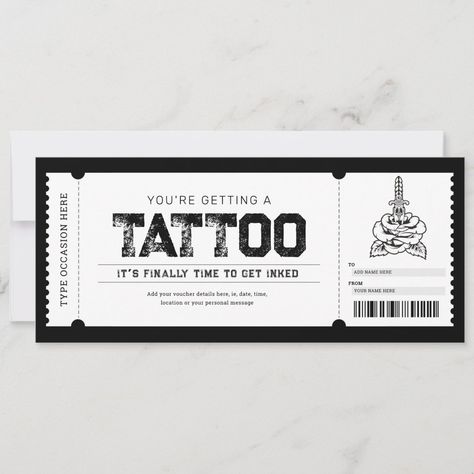 Tattoo Get Inked Gift Ticket Voucher Invitation Tattoo Voucher, Shop Tattoo, Tattoo Vector, Voucher Design, Templates Printable Free, Get A Tattoo, Gift Vouchers, Personal Message, Meaningful Gifts