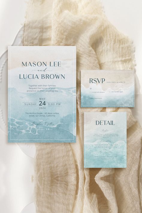 Our 3 pieces ocean beach-themed invitation suite is a fully editable template. Perfect for your summer wedding and all other occasion events. The template is printable and Instant Download from Templett. Sea Invitation, Beach Wedding Invitation, Beach Wedding Invitations, Beach Theme Wedding, Wedding Crafts, Wedding Invitation Sets, Beach Themed, Wedding Invite, Diy Wedding Decorations