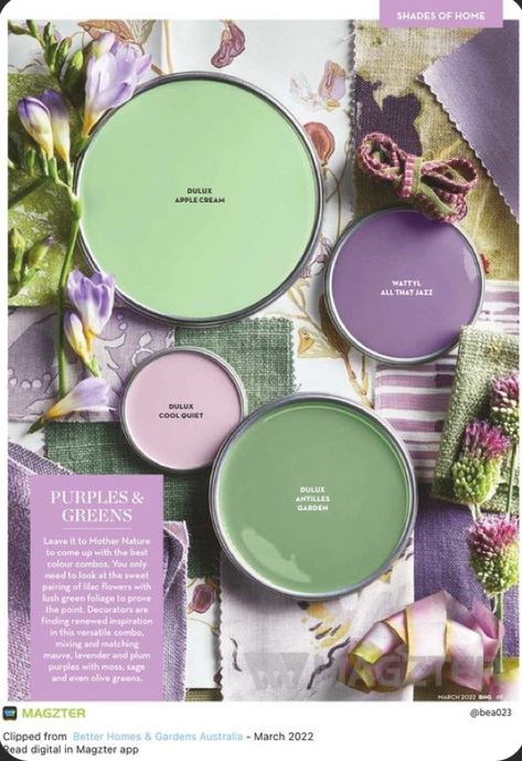 Purple Green Decor, Sage Green And Purple Kitchen, Sage Green And Purple Living Room, Purple And Green Kitchen Ideas, Sage Green And Lavender Living Room, Purple Green And Gold Color Palette, Pink Green Purple Color Scheme, Purple Room Color Scheme, Sage Green And Lilac Bedroom