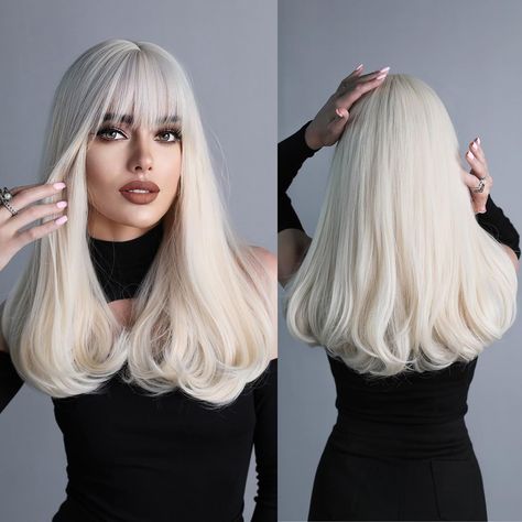 Long Platinum Blonde, Blond Wig, Blonde Wigs, Natural Hair Extensions, Natural Wigs, Platinum Hair, How To Style Bangs, Wig With Bangs, Full Wigs