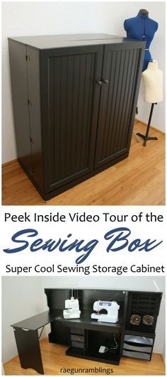 So cool everything you need to sew closed up in a cabinet. Awesome organization for DIY crafty people with small spaces. Sewing Studio Organization, Diy Sewing Table, Sewing Machine Cabinet, Sewing Cabinet, Desks For Small Spaces, Sewing Storage, Sewing Room Organization, Small Space Organization, Casa Vintage