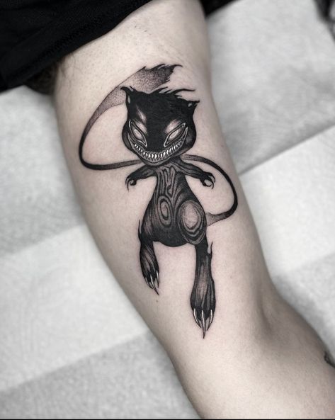 Evil Mew, Pokemon Tattoo, black work Zombie Pokemon Tattoo, Horror Pokemon Tattoo, Evil Pokemon Tattoo, Scary Pokemon Tattoo, Creepy Pokemon Tattoo, Dark Pokemon Tattoo, Mew Pokemon Tattoo, Imp Tattoo, Tattoo Dark Work